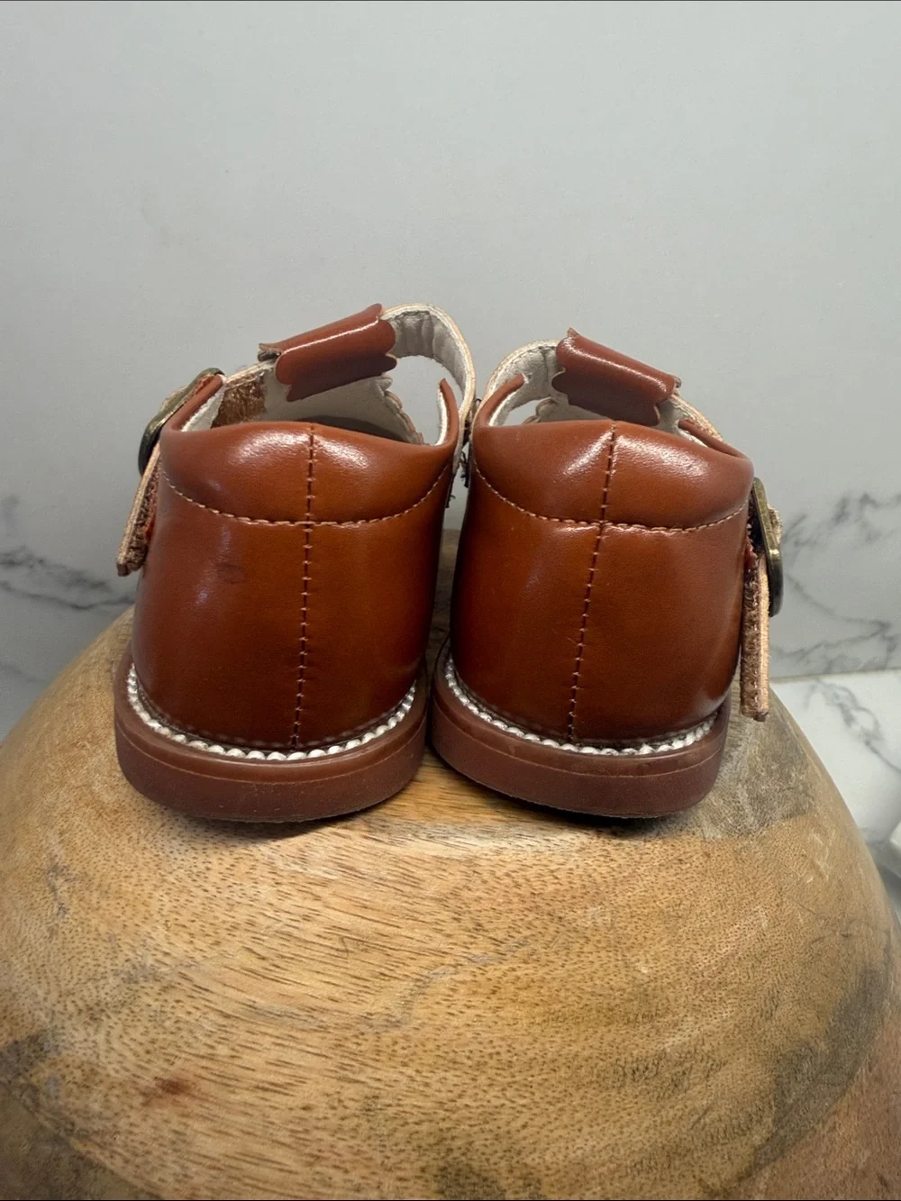 Felix & Flora Girls' Scalloped T-Strap Dress Shoes in Cognac Brown